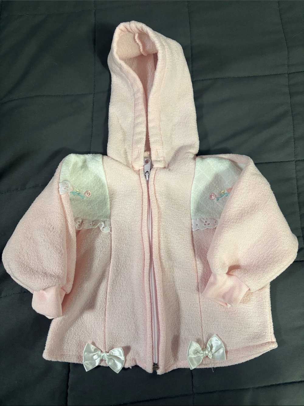 Vintage 90s Childwise Pink Fleece Hooded Baby Jacket Lace Bows Coquette